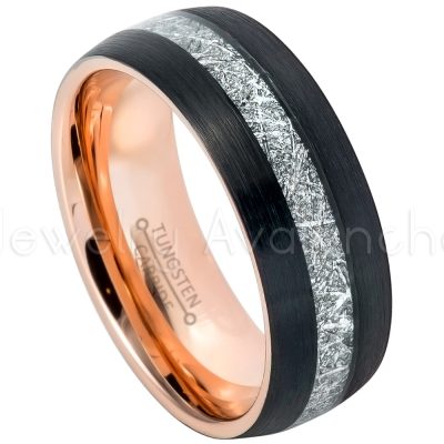 2-Tone Dome Tungsten Wedding Band with Meteorite Inlay - 8mm Black IP & Rose Gold Plated Comfort Fit Tungsten Carbide Ring - Mens Anniversary Band TN630PL