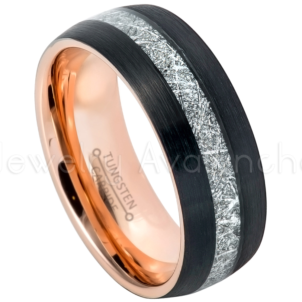 8mm Mens Black IP Tungsten Carbide with Meteorite Inlay Wedding Band Ring 