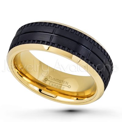 2-Tone Yellow & Black Tungsten Wedding Band - 8mm Grooved Comfort Fit Tungsten Carbide Ring - Mens Anniversary Band TN710PL