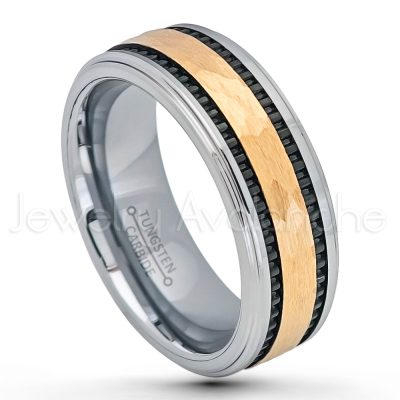 3-Tone Tungsten Wedding Band - 8mm Yellow Gold Plated Hammered Center Comfort Fit Tungsten Carbide Ring - Mens Anniversary Band TN713PL