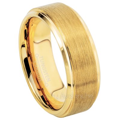 Men's Tungsten Wedding Band - 8mm Yellow Gold Plated Comfort Fit Tungsten Carbide Ring - Anniversary Band TN719PL