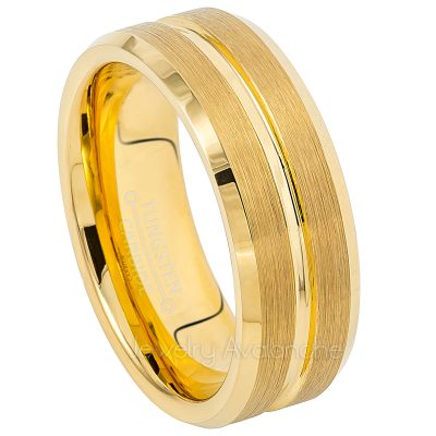 Men's Beveled Tungsten Wedding Band - 8mm Yellow Gold Plated Comfort Fit Tungsten Carbide Ring - Anniversary Band TN724PL