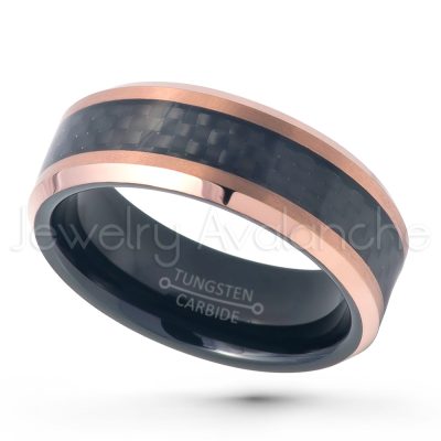 2-Tone Beveled Tungsten Wedding Band with Carbon Fiber Inlay - 8mm Black IP & Rose Gold Plated Comfort Fit Tungsten Carbide Ring - Mens Anniversary Band TN753PL