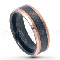 2-Tone Beveled Tungsten Wedding Band with Carbon Fiber Inlay - 8mm Black IP & Rose Gold Plated Comfort Fit Tungsten Carbide Ring - Mens Anniversary Band TN753PL