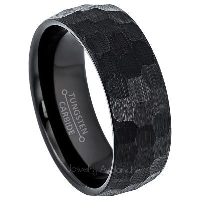 Dome Black Hammered Tungsten Wedding Band - 8mm Comfort Fit Mens Tungsten Carbide Ring - Anniversary Band TN627PL