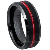 2-Tone Black Tungsten Wedding Band - Grooved with Red IP Center Comfort Fit Tungsten Carbide Ring - Anniversary Band TN694PL