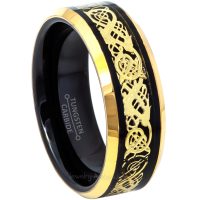 2-Tone Celtic Dragon Tungsten Carbide Ring - 8mm Yellow Gold Plated Beveled Comfort Fit Mens Tungsten Wedding Ring - Anniversary Band TN722PL
