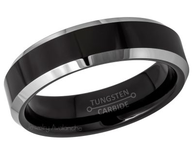 2-Tone Beveled Tungsten Wedding Band - 6mm Black IP Tungsten Carbide Ring - Unisex Anniversary Band TN730PL