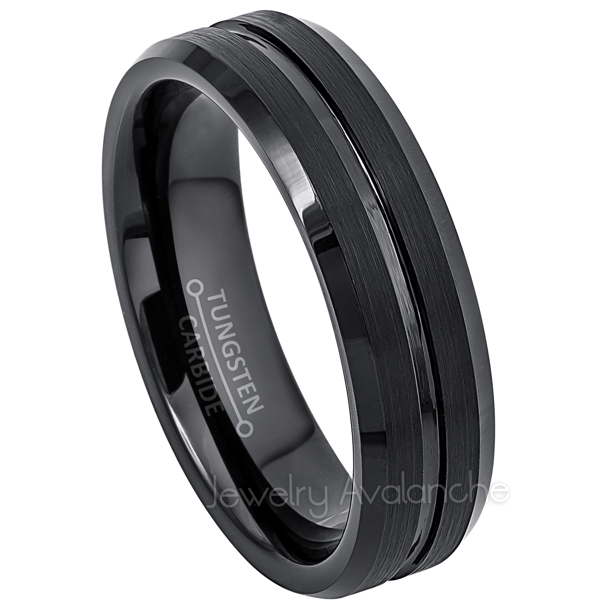 6mm Grooved Black Tungsten Wedding Band – Beveled Tungsten Carbide Ring ...