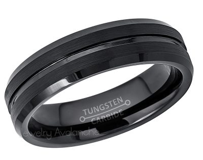6mm Grooved Black Tungsten Wedding Band - Beveled Tungsten Carbide Ring - Unisex Anniversary Band TN749PL