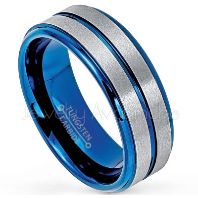 2-Tone Blue Tungsten Wedding Band - 8mm Grooved Comfort Fit Tungsten Carbide Ring - Anniversary Band TN767PL