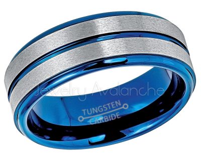 2-Tone Blue Tungsten Wedding Band - 8mm Grooved Comfort Fit Tungsten Carbide Ring - Anniversary Band TN767PL