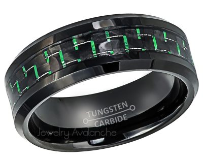 Mens Tungsten Wedding Band - 8mm Comfort Fit Tungsten Carbide Ring - Green Carbon Fiber Inlay Tungsten Anniversary Band TN769PL