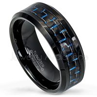 Mens Tungsten Wedding Band - 8mm Comfort Fit Tungsten Carbide Ring - Blue Carbon Fiber Inlay Tungsten Anniversary Band TN770PL
