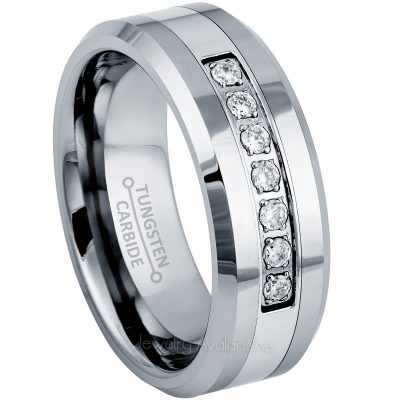 7-CZ Accent Men's Tungsten Wedding Band - 8mm Beveled Comfort Fit Tungsten Carbide Ring - Tungsten Anniversary Band TN772PL