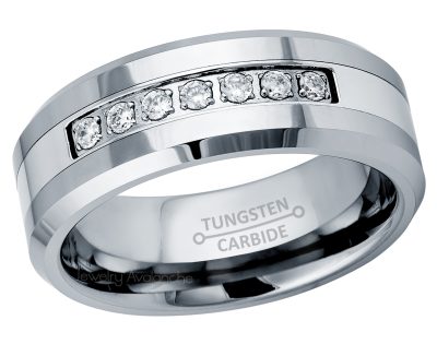 7-CZ Accent Men's Tungsten Wedding Band - 8mm Beveled Comfort Fit Tungsten Carbide Ring - Tungsten Anniversary Band TN772PL