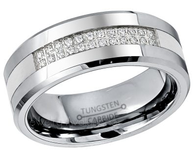 Men's Tungsten Wedding Band Double Row 24-CZ Accent - 8mm Beveled Comfort Fit Tungsten Carbide Ring - Tungsten Anniversary Band TN774PL