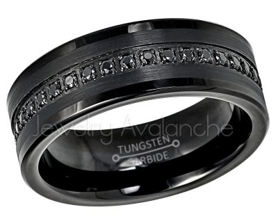 Mens Eternity Black Tungsten Wedding Band - 8MM Black CZ Accented Tungsten Carbide Ring - Tungsten Anniversary Band TN775PL