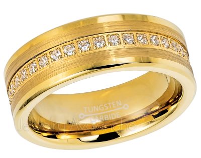 Mens Yellow Gold Plated Eternity Tungsten Wedding Band - 8MM CZ Accented Tungsten Carbide Ring - Tungsten Anniversary Band TN776PL
