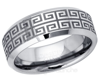 Greek Key Tungsten Carbide Ring - Mens Tungsten Wedding Band - Comfort Fit Ring - Greek Key Laser Engraving
