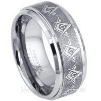 9MM Men's Masonic Tungsten Carbide Ring - Freemasonry Masonic Symbol Ring - Comfort Fit Brushed Finish Tungsten Wedding Band
