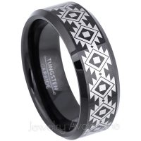 Hawaiian / Polynesian Pattern Engraving Beveled Black Tungsten Carbide Ring - 8mm Polished Comfort Fit Tungsten Wedding Band