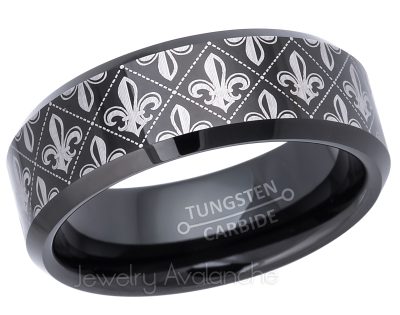 Fleur De Lis Pattern Engraving Tungsten Wedding Band - 8mm Polished Comfort Fit Beveled Tungsten Carbide Ring