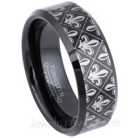 Fleur De Lis Pattern Engraving Tungsten Wedding Band - 8mm Polished Comfort Fit Beveled Tungsten Carbide Ring