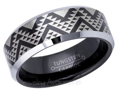 Hawaiian / Polynesian Pattern Engraving 2-Tone Black Tungsten Carbide Ring - 8mm Comfort Fit Black Ion Plated Tungsten Wedding Band