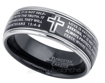 1 Corinthian 13:4-8 Text Engraving Tungsten Wedding Band - 8mm Polished Comfort Fit 2-Tone Tungsten Carbide Ring