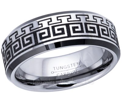 Greek Key Tungsten Carbide Ring - Mens 2-Tone Tungsten Wedding Band - Comfort Fit Ring - Greek Key Laser Engraving