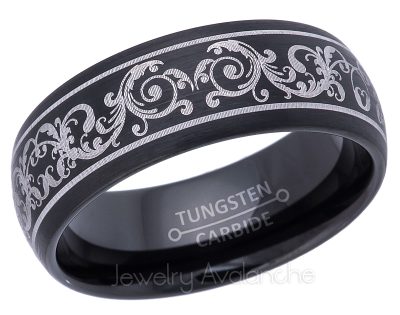Art Nouveau Floral Pattern Engraving Tungsten Wedding Band - 8mm Brushed Comfort Fit Dome Tungsten Carbide Ring