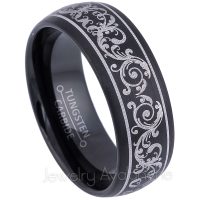 Art Nouveau Floral Pattern Engraving Tungsten Wedding Band - 8mm Brushed Comfort Fit Dome Tungsten Carbide Ring