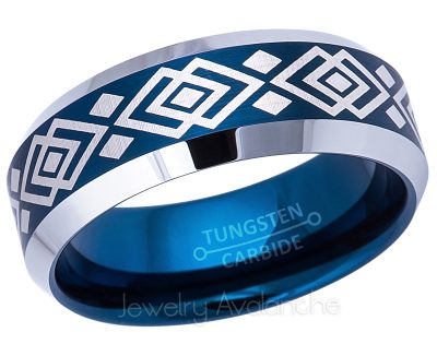 Hawaiian / Polynesian Pattern Engraving Beveled Blue Tungsten Carbide Ring - 8mm Comfort Fit Brushed Finish Blue Tungsten Wedding Band