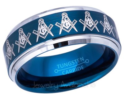 9MM Men's Masonic Tungsten Carbide Ring - Freemasonry Masonic Symbol Ring - Comfort Fit Brushed Finish Blue Tungsten Wedding Band