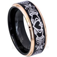 Claddagh Engraving Tungsten Wedding Band - 8mm Matte Comfort Fit Rose Gold & Black Tungsten Carbide Ring
