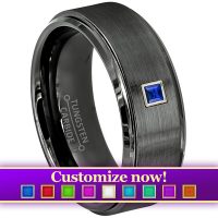 Dark Gray Gunmetal Tungsten Ring 0.05ctw Princess Cut Diamond / Gemstone Band - 8MM Comfor Fit Mens Tungsten Carbide Wedding Ring - Anniversary Band - Birthstone Ring - Personalize this ring with your choice of gemstone & bezel metal color.