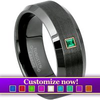 Dark Gray Gunmetal Beveled Tungsten Ring 0.05ctw Princess Cut Diamond / Gemstone Band - 8MM Comfor Fit Mens Tungsten Carbide Wedding Ring - Anniversary Band - Birthstone Ring - Personalize this ring with your choice of gemstone & bezel metal color.