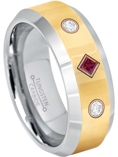 Customize now! 2-Tone Tungsten Ring 3-Stone Princess Cut Gemstone and Diamond Ring - 8mm 2-Tone Beveled Edge Comfort Fit Tungsten Carbide Wedding Ring - Mens Anniversary Band - Birthstone Ring