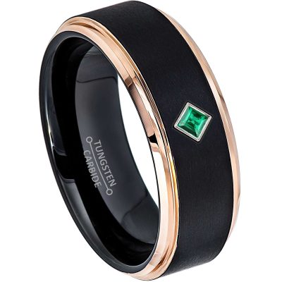 Customize now! Black & Rose Gold Tungsten Ring 0.05ctw Princess Cut Diamond / Gemstone Band - 8MM Comfor Fit 2-Tone Tungsten Carbide Wedding Ring - Anniversary Band - Birthstone Ring