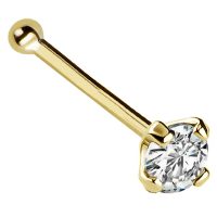 22G Solid 14Kt Gold Nose Bone Stud with Prong Set real Diamond Gemstone, 14kt Yellow Gold or 14kt White Gold - April Birthstone Nose Ring-NBYG_WD-2.5MM