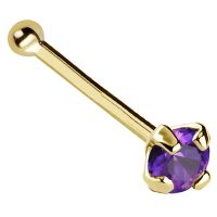 22G Solid 14Kt Gold Nose Bone Stud with Prong Set real Amethyst Gemstone, 14kt Yellow Gold or 14kt White Gold - February Birthstone Nose Ring