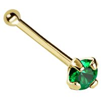 22G Solid 14Kt Gold Nose Bone Stud with Prong Set real Emerald Gemstone, 14kt Yellow Gold or 14kt White Gold - May Birthstone Nose Ring