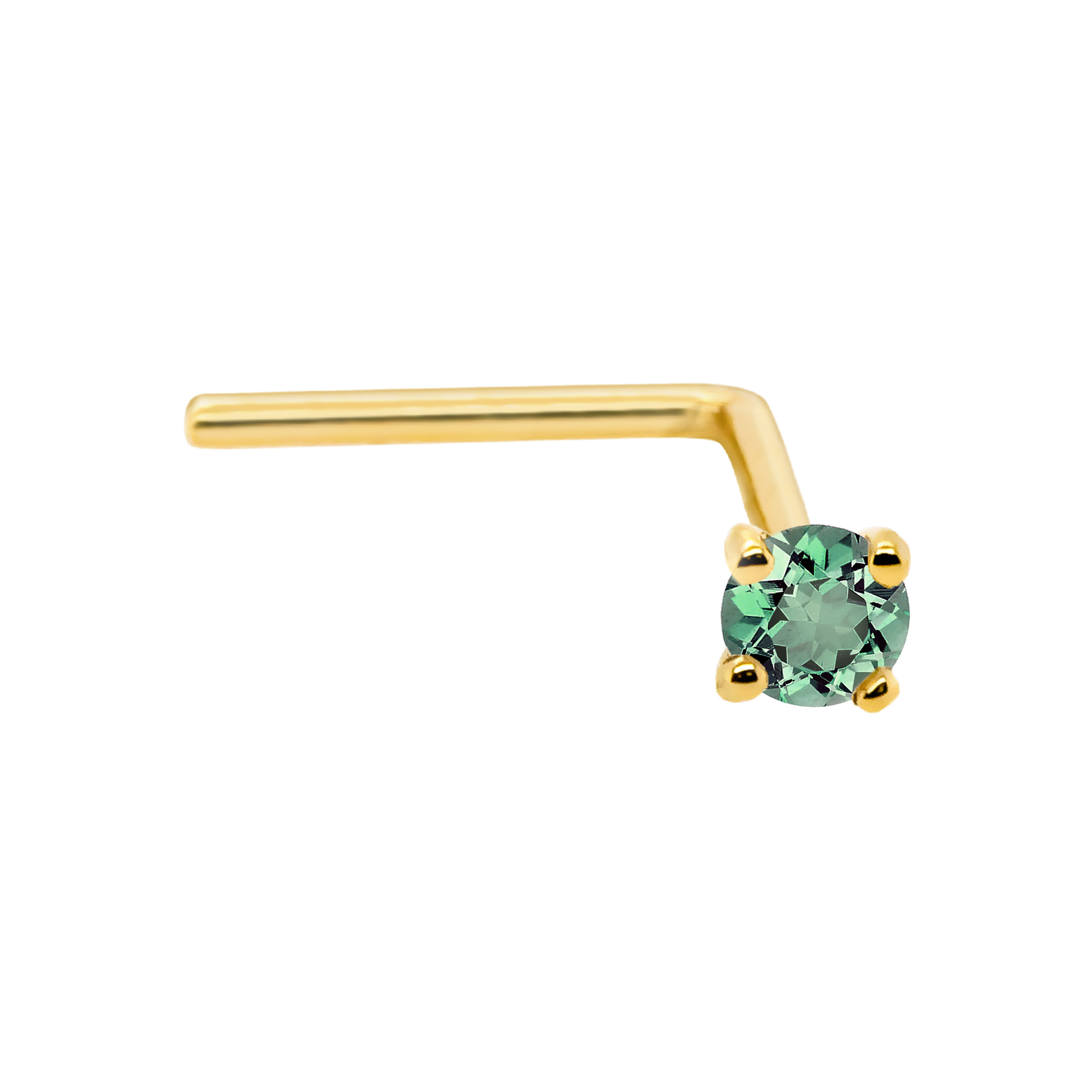 22G Solid 14Kt Gold L-Shape Nose Stud with real Alexandrite Gemstone, 14kt Yellow Gold or 14kt White Gold Prong Setting - June Birthstone Nose Ring