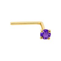 22G Solid 14Kt Gold L-Shape Nose Stud with real Amethyst Gemstone, 14kt Yellow Gold or 14kt White Gold Prong Setting - February Birthstone Nose Ring