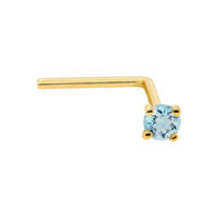 22G Solid 14Kt Gold L-Shape Nose Stud with real Aquamarine Gemstone, 14kt Yellow Gold or 14kt White Gold Prong Setting - March Birthstone Nose Ring