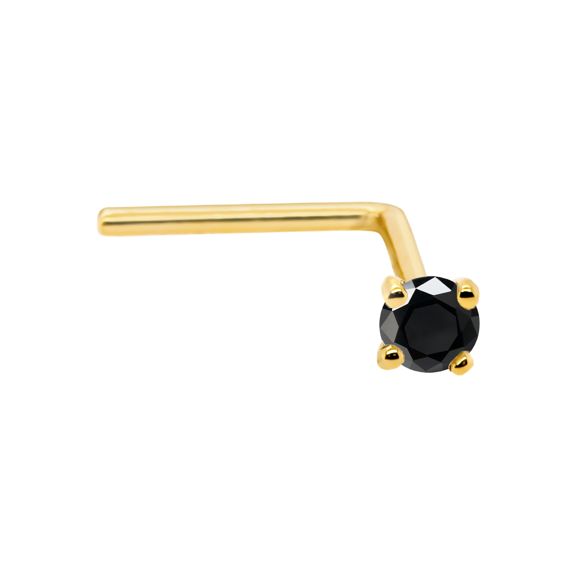 22G Solid 14Kt Gold L-Shape Nose Stud with real Black Diamond Gemstone, 14kt Yellow Gold or 14kt White Gold Prong Setting - April Birthstone Nose Ring