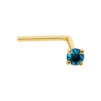 22G Solid 14Kt Gold L-Shape Nose Stud with real Blue Diamond Gemstone, 14kt Yellow Gold or 14kt White Gold Prong Setting - April Birthstone Nose Ring