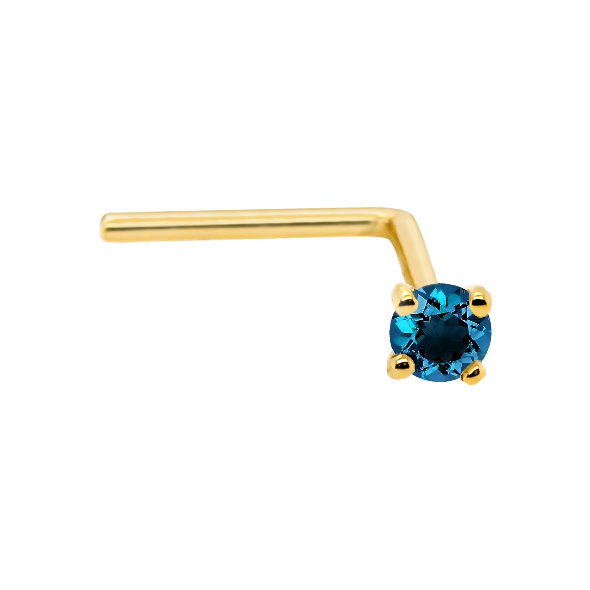 22G Solid 14Kt Gold L-Shape Nose Stud with real  Blue Diamond Gemstone, 14kt Yellow Gold or 14kt White Gold Prong Setting - April Birthstone Nose Ring