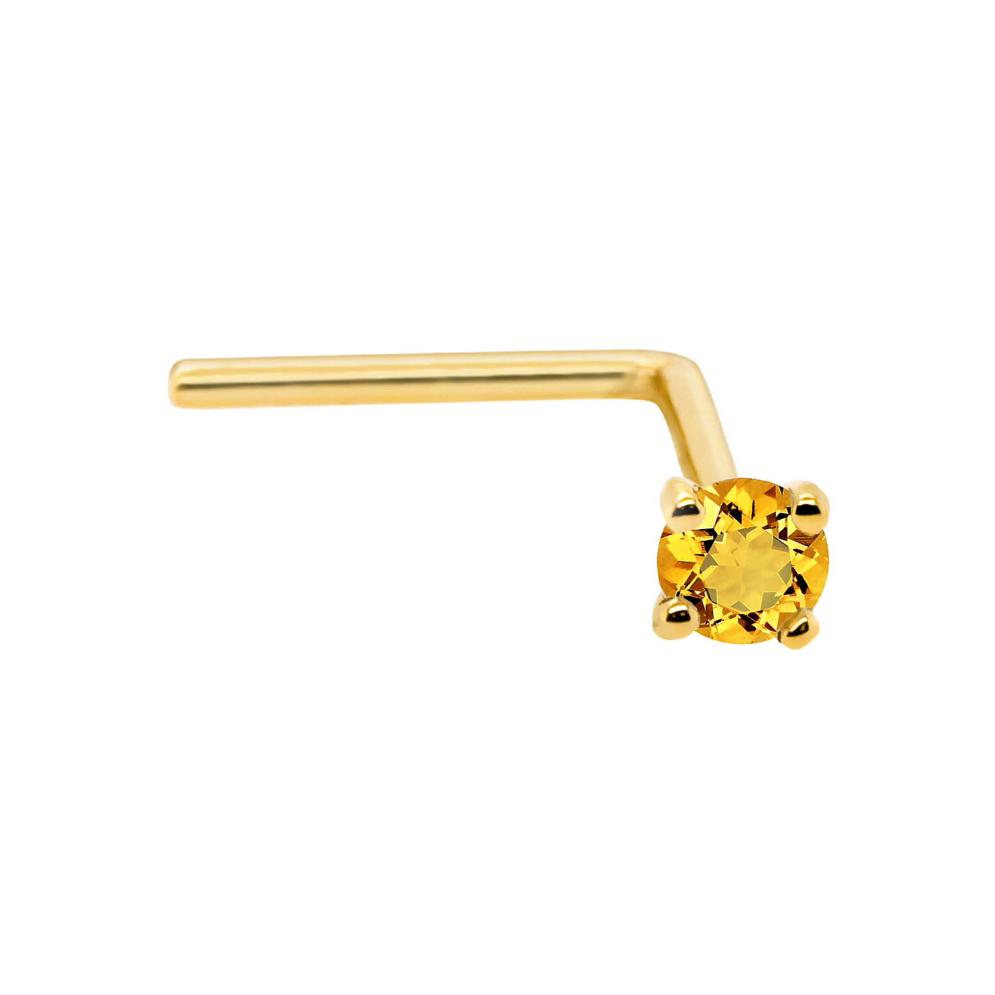 22G Solid 14Kt Gold L-Shape Nose Stud with real Citrine Gemstone, 14kt Yellow Gold or 14kt White Gold Prong Setting - November Birthstone Nose Ring